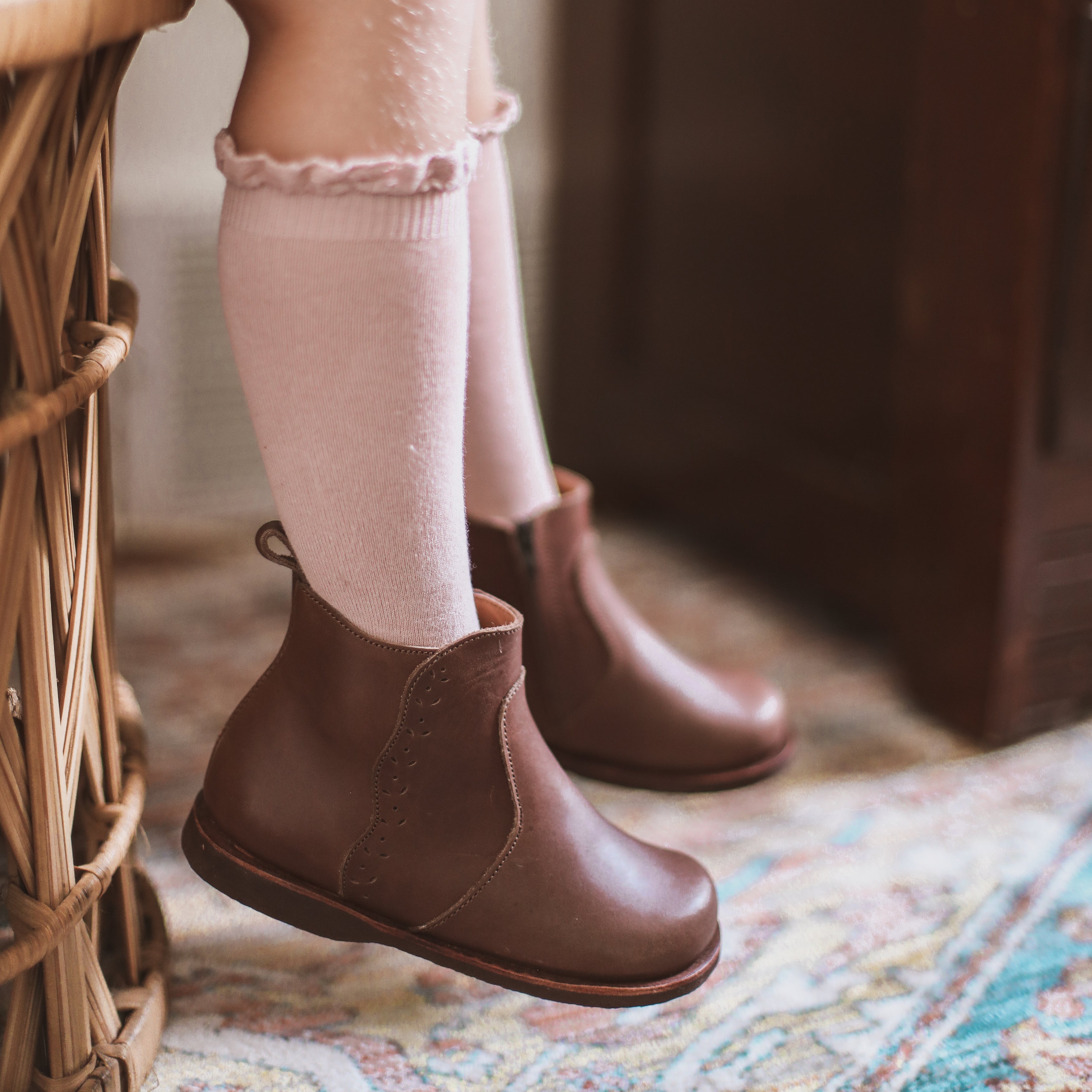 Adelisa &amp; Co dark brown leather Ophelia boots for girls with beautiful floral detailing