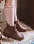 Adelisa & Co dark brown leather Ophelia boots for girls with beautiful floral detailing